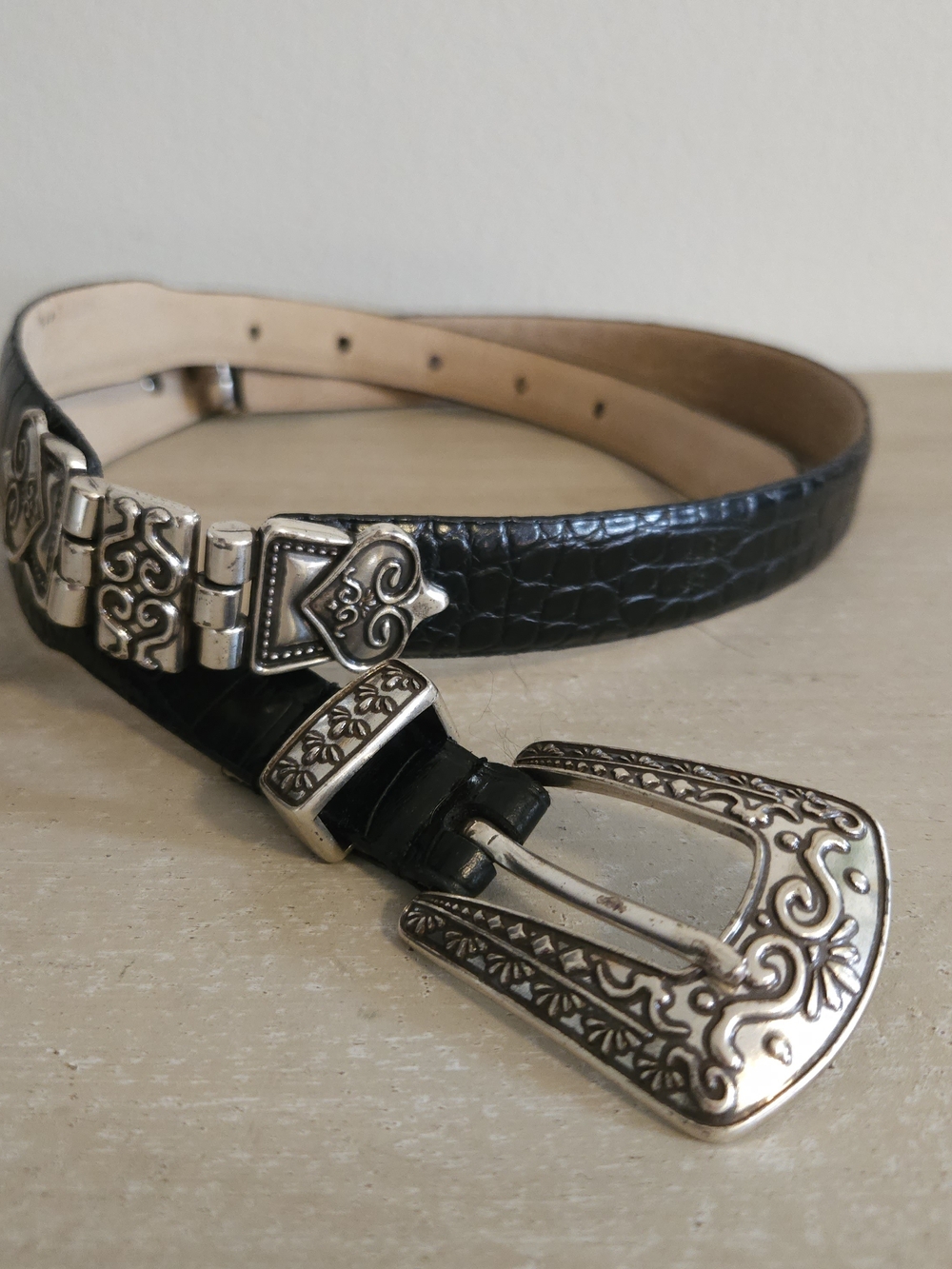 Vintage 90s Black Croc Embossed Leather Belt Ornate Silver Buckle Sz M